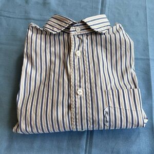 Faconnable Classique Dress Shirt Mens L Stripes Cotton Blue Yellow White